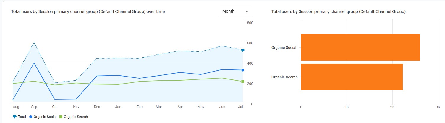 GA4 — organic channel view, Aug 2023 – Jul 2024